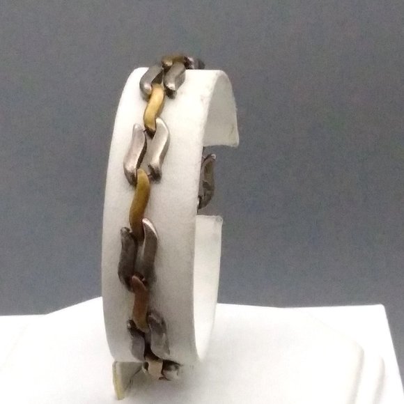 Vintage Mexico Sterling Silver and Copper Links Bracelet, Modernist Skinny Chunk - Picture 2 of 5